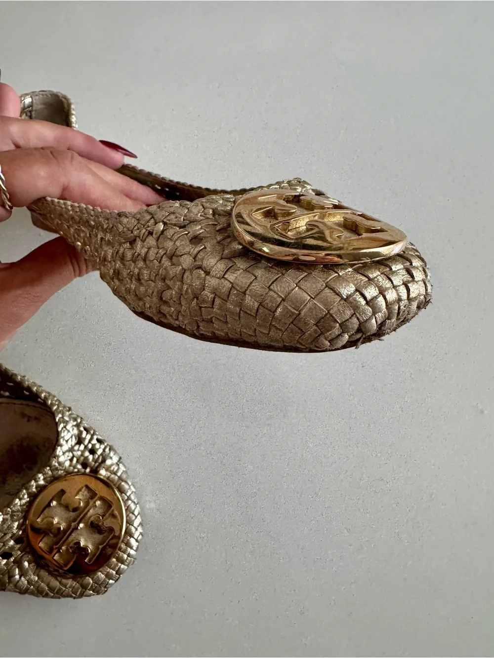 Tory Burch Metallic Gold Woven Flats with Logo Medallions